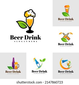 Set of Beer drink with Leaf logo design vector, Creative Beer drink logo design Template Illustration