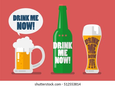 Set of beer drink me now. Flat style vector illustration