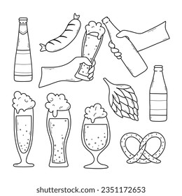 Set von Bierelementen im Doodle-Stil. Vektorgrafik. Lineare Kollektion von Bierbrillen, Bierflaschen und Biersnacks.