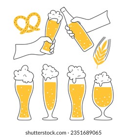 Set of beer elements in doodle style. Vector illustration. Linear collection of Glasses of beer, bottles of beer and beer snacks.