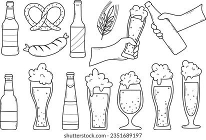 Set of beer elements in doodle style. Vector illustration. Linear collection of Glasses of beer, bottles of beer and beer snacks.