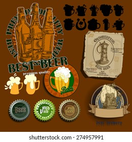 set of beer elements, including labels, lids, bottles, mugs, etc.