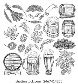 A set with beer elements. Wooden barrels and beer mugs, malt and hops. Hand-drawn illustrations with black and white vector graphics. Clipart for the design of labels, packages, oktoberfest posters.