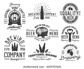 Set beer emblems with different objects. Vintage monochrome style. Vector illustration.