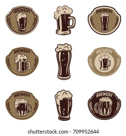 Set of beer emblems on white background. Beer mugs. Design elements for logo, label, emblem, sign. Vector illustration