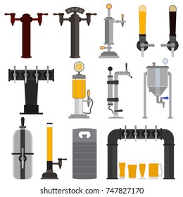 Set of beer equipment for bar including beer pump, dispenser with tap and handle and with set full glass beer mugs with foam. Pouring in beer glasses. Vector drawing. Illustration isolated flat icons.