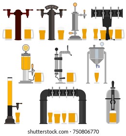 Bier-Set für Bar inklusive Bier-Pumpe, Spender mit Hahn und Griff und mit Set Vollglas-Bierbecher mit Schaum. In Biergläsern gießen.Vektorgrafik. Illustration isolierte flache Symbole.