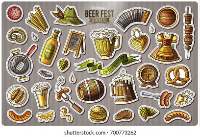 Set of Beer fest cartoon stickers. Vector hand drawn objects and symbols collection. Label design elements. Cute patches, pins, badges series. Comic style.