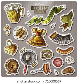 Set of Beer fest cartoon stickers. Vector hand drawn objects and symbols collection. Label design elements. Cute patches, pins, badges series. Comic style.