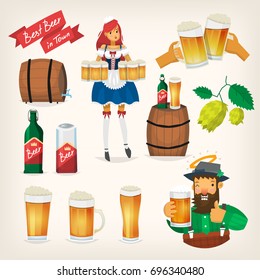 Set of beer festival elements and characters. Decorations for pub menu, icons with beer glasses.