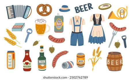 Set of beer festival elements isolated on white background. Oktoberfest concept. Beer festival concept.