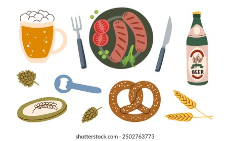 Set of beer festival elements isolated on white background. Oktoberfest concept. Beer festival concept.