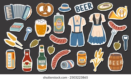 Conjunto de Elementos del festival de la cerveza aislados en negro. Concepto del Oktoberfest. Concepto de festival de cerveza. Conjunto de pegatinas.