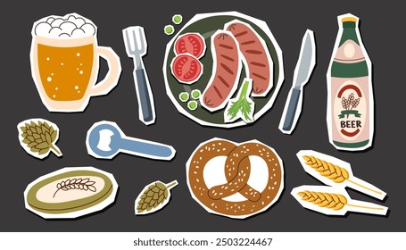 Set of beer festival elements isolated on black. Oktoberfest concept. Beer festival concept.