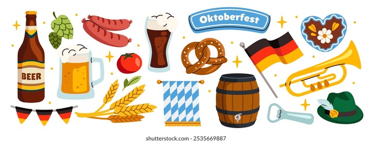 Bierfest-Elemente einzeln auf weißem Hintergrund. Oktoberfest Bierfestival Festkonzept. Vektoraufkleber-Set