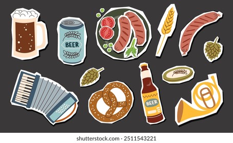 Set of beer festival elements stickers isolated on black background. Oktoberfest concept. Beer festival concept.