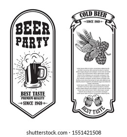 Set of beer flyers with hop and beer mug illustrations. Design element for poster, banner, sign, emblem. Vector illustration