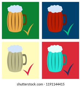 Set of Beer in glass cup, refreshing drink with white foam in flat illustration, splashing beer