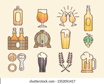 Set of beer glass, mug, barrel, bottle, and hop. minimal flat vector illustration of different types of beers. Oktoberfest equipment. Restaurant illustration. 