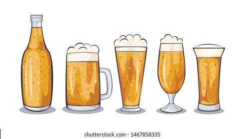 Set of beer glass, mug, bottle. Craft beer calligraphy design and minimal flat vector illustration of different types of beers. Oktoberfest . Vector illustration eps 10.