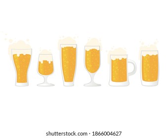 Conjunto de cerveza en taza de vidrio diferentes tipos de tazas y cervezas ilustración vectorial plana aislada en fondo blanco