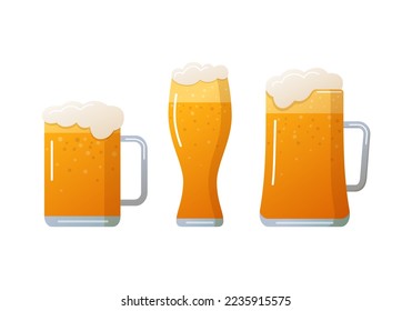 Set of beer glass and mugs, full of foamy refreshing drink. Lager beer fresh, alcohol drink. Brewery, party and Oktoberfest festival symbol flat vector illustration isolated on white background