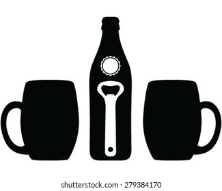 Set of beer glasses and beer bottle, cap and beer opener, vector, background, wallpaper