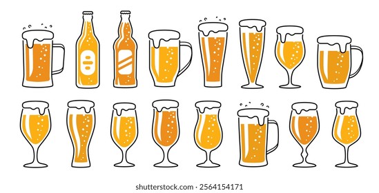 Set of beer glasses and bottles. Alcoholic drinks icons symbols. Brewery, pub concept vector illustration