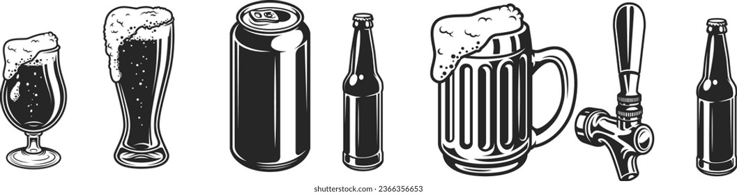 conjunto de gafas de cerveza, botellas, tazas de diseño vectorial, cervecería mug vector set clipart