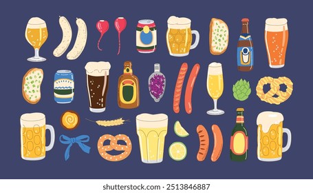 Conjunto de vasos de cerveza y botellas, pretzel, salchichas, lúpulo y otros alimentos tradicionales alemanes aislados sobre fondo oscuro. Ilustraciones vectoriales planas de moda dibujadas a mano para el festival de cerveza Oktoberfest