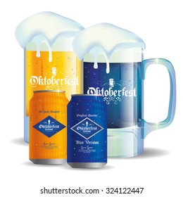 Set of beer glasses and cans on a white background for oktoberfest