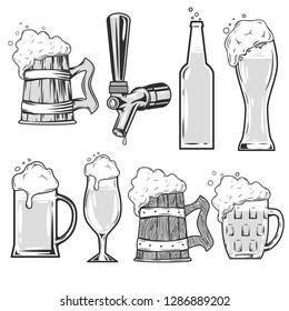 Set of beer glasses, draft  tap and mugs. Vector illustration.
