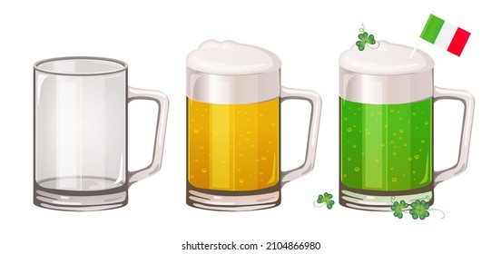 Set of beer glasses. Empty transparent glass. Glass pot with beer and st patrick day greeting drink. Realistic vector illustration.