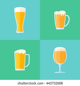 Set of beer glasses flat style icons. Different types of cups. Vector illustration.