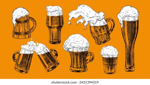 Set of beer glasses with foam. Sketch style spilled beer. Pint glassware. Collection of engraved illustrations for pub menu. Oktoberfest drinks. Hand drawn goblets of beer