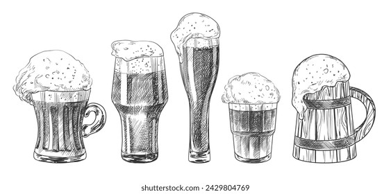 Set of beer glasses isolated on white background. Sketch style mugs of beer. Pint glassware. Collection of engraved illustrations for pub menu. Oktoberfest drinks. Hand drawn goblets of beer