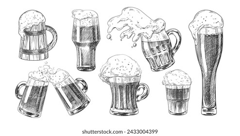 Set of beer glasses isolated on white background. Sketch style spilled beer. Pint glassware. Collection of engraved illustrations for pub menu. Oktoberfest drinks. Hand drawn goblets of beer