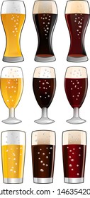 Set of beer glasses with light, dark beer and ale. Fully editable EPS10 vector file.