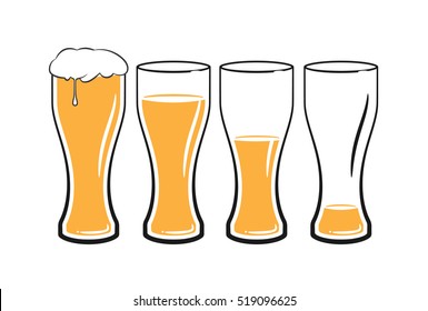 set of beer glasses with light beer on white background