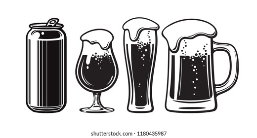 Set of beer glasses, mug, can. Black and white hand drawn isolated vector illustration.