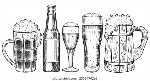 Set with beer. Glasses, mugs, bottle of beer. Vector illustration