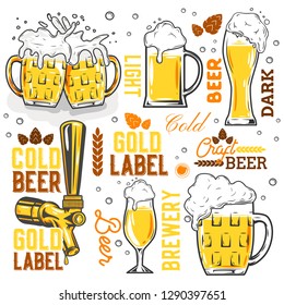 Set of Beer glasses, mugs and design elements. Vector illustration.