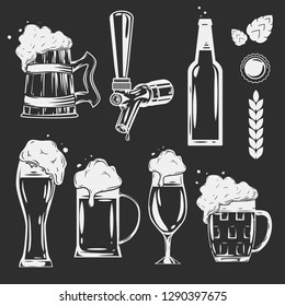 Set of Beer glasses, mugs and design elements. Vector illustration.