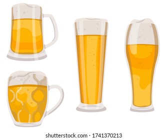 Juego de gafas de cerveza y tazas. Diferentes objetos al estilo de las caricaturas.