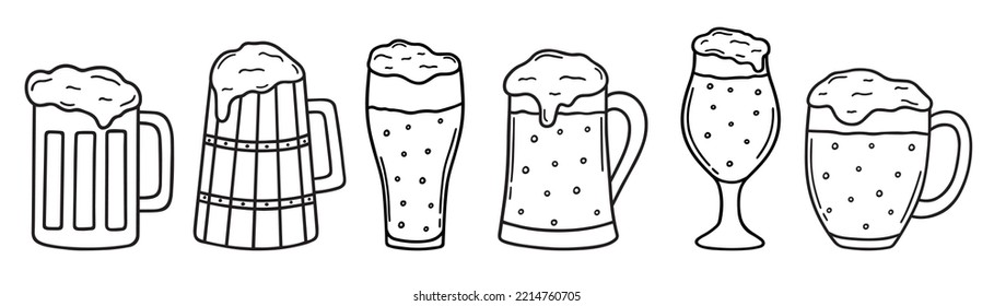 Set of beer glasses and mugs doodle. Brewery in sketch style. Hand drawn vector illustration isolated on white background
