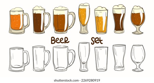 A set of beer glasses, mugs. Graphics and color. Color vintage vector engraving for the internet, poster, party invitation. A hand-drawn design element isolated on a white background.