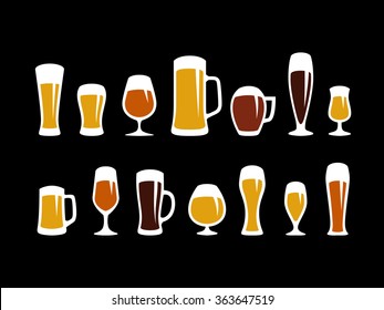 Set Of Beer Glasses And Beer Mugs Icons. Vector Design Elements