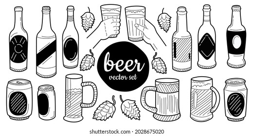 Set of beer glasses and mugs in ink hand drawn style. Isolated on white. Vector.