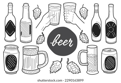 Set of beer glasses and mugs in ink hand drawn style. Sketch style. Vector illustration.