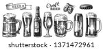 Set of beer glasses, mugs, ribbon, bottle, and hop. Vintage vector engraving illustration for web, poster, invitation to party. Hand drawn design element isolated on white background.
